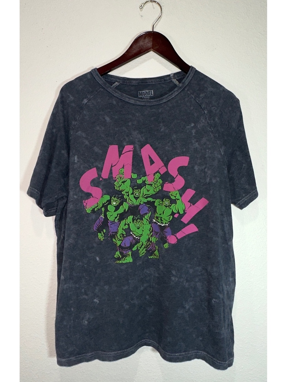 Marvel Hulk Smash Graphic T-Shirt Gray Acid Wash Oversized Unisex Tee